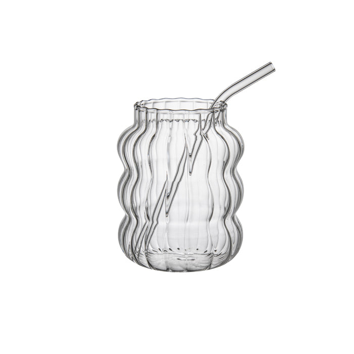 Punch Ribbed Glass Cup with Straw Med