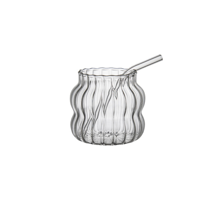 Punch Ribbed Glass Cup with Straw Small