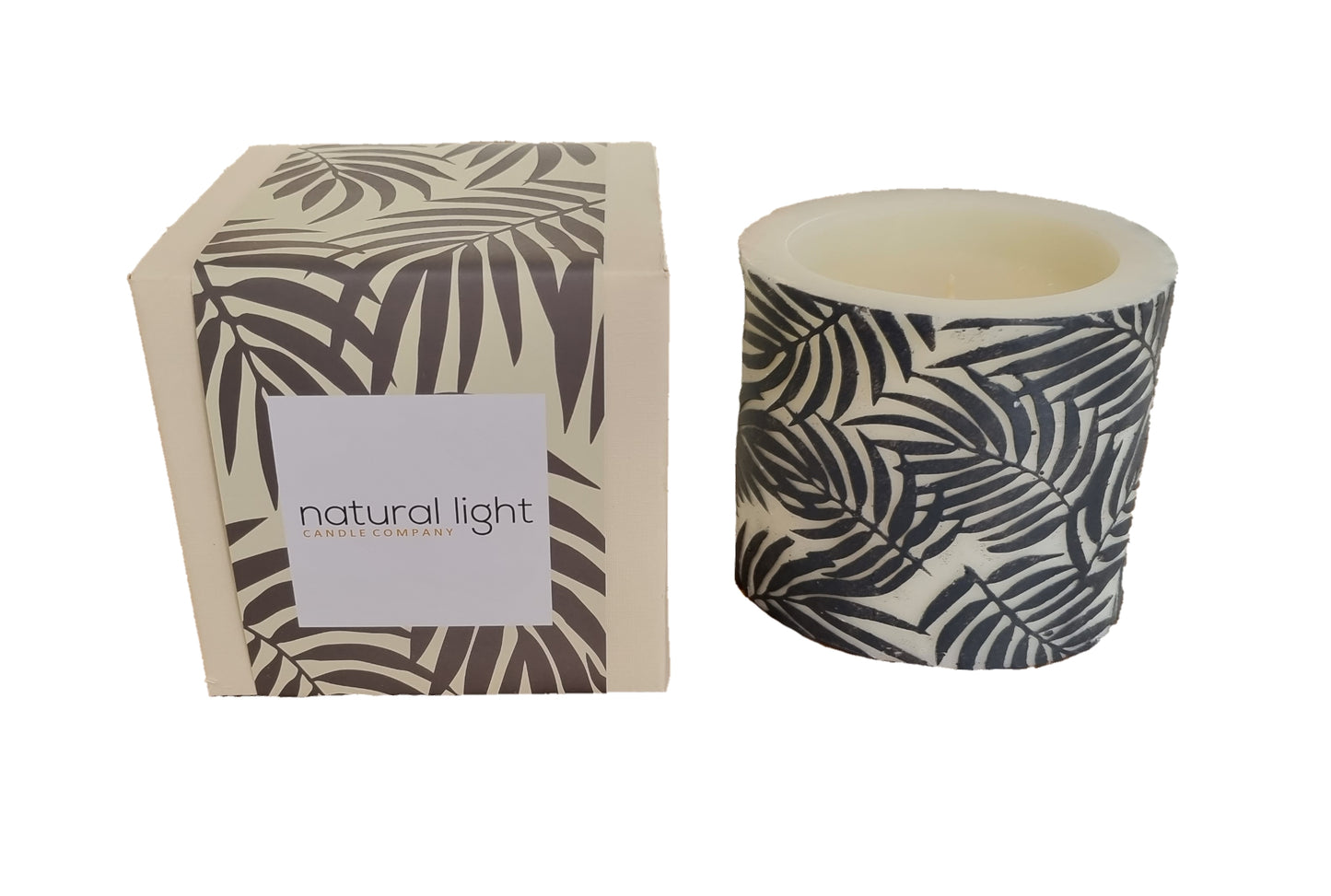 Palm Leaf 4" Pillar Wh/Char Lemon Grass