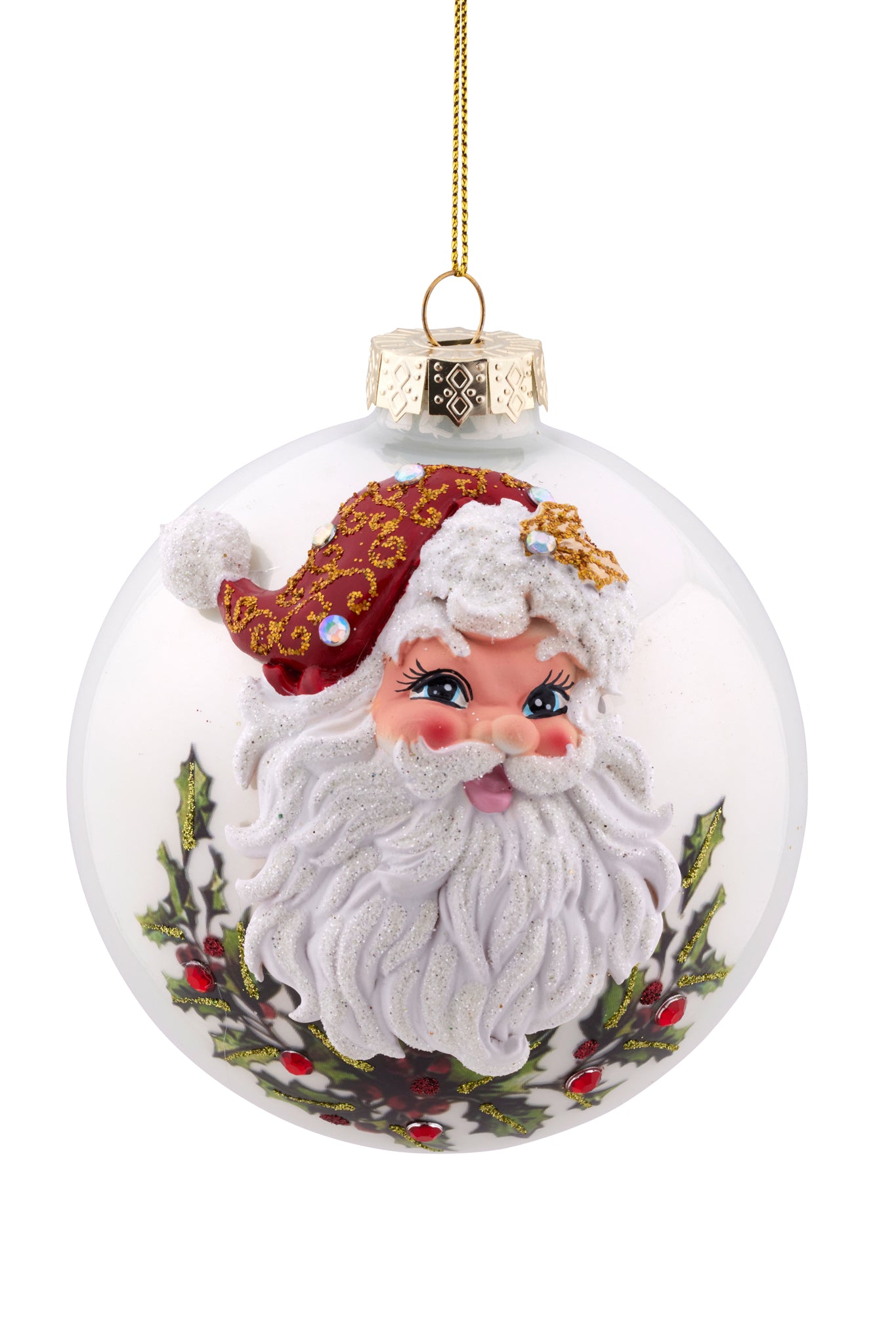 White Glass Bauble Raised Santa Head
