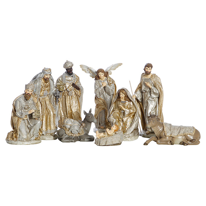 Resin Silver Champagne 9pc Nativity Set