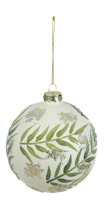 White Glass Bauble Green Leaves 10cm