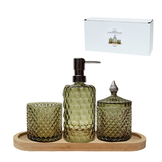 Maine Glass Bathroom Set on Tray Olive