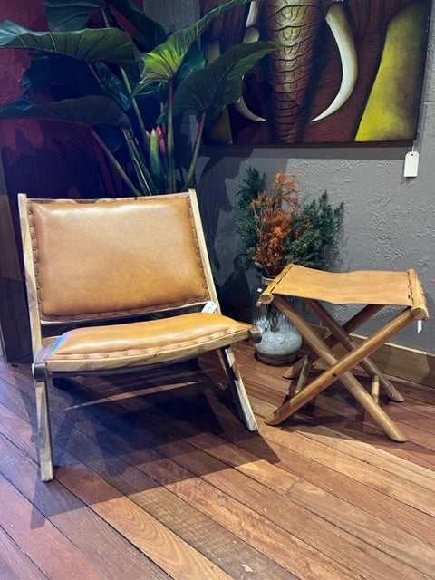Folding Teak and Leather Stool