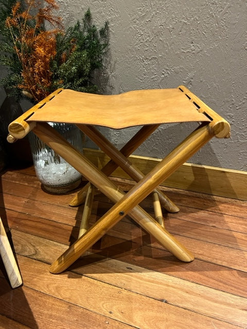 Folding Teak and Leather Stool