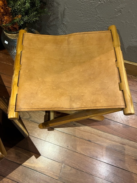 Folding Teak and Leather Stool