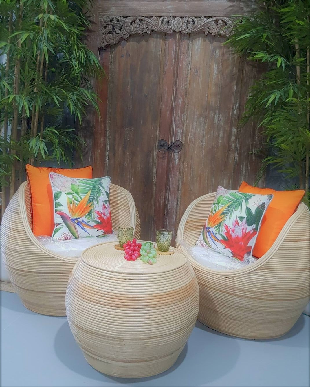 Egg Rattan Chair Set 3 with Cushions