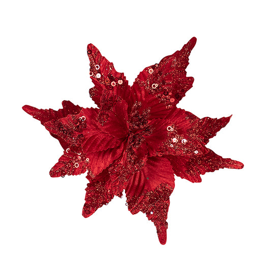 Red Poinsettia w/Red Beading Clip on