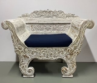 Carved Chair White wash 115cm & cushion