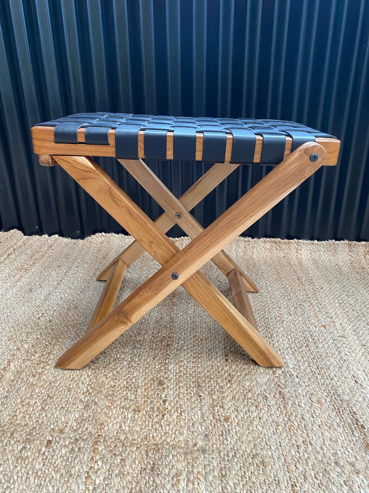 Dustin Stool Black Leather and Teak