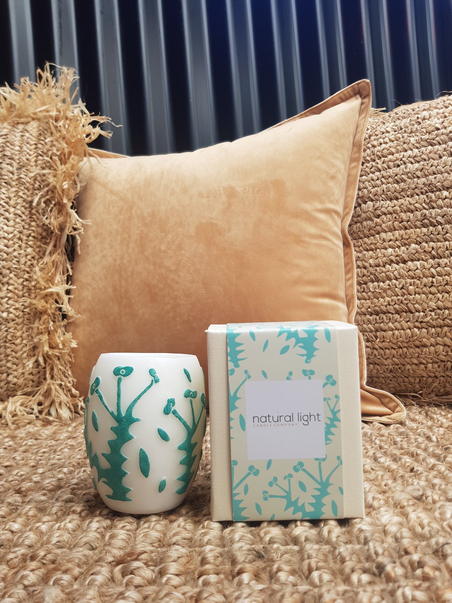 4" Matilda Hurricane White & Aqua Candle