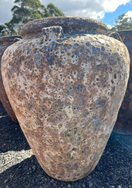 Lava Rock Handle Urn (Cream Brown Glaze)