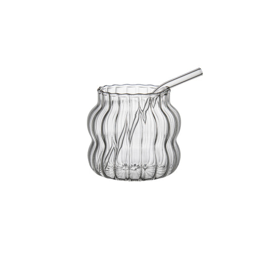 Punch Ribbed Glass Cup with Straw Small
