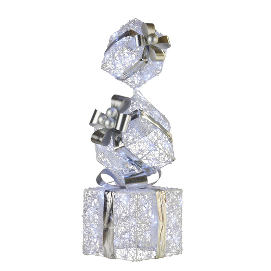 Triple Christmas Gift Box Stack with Lights Silver