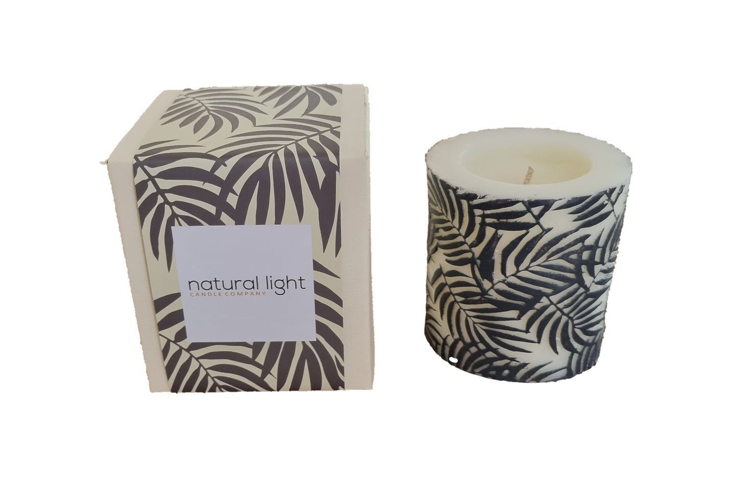 Palm Leaf 3" Pillar Wh/Char Lemon Grass