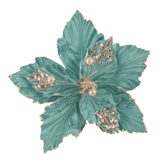Teal Gold Embossed Leaves Poinsettia
