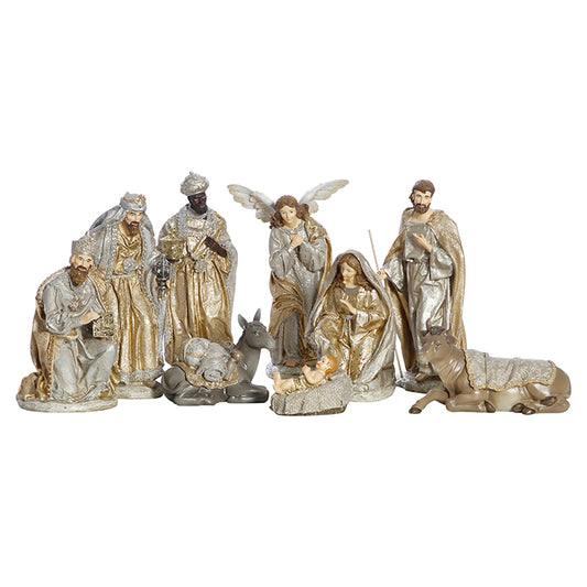 Resin Silver Champagne 9pc Nativity Set