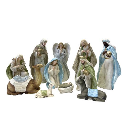 Natural Blue Green Nativity 11pce Resin