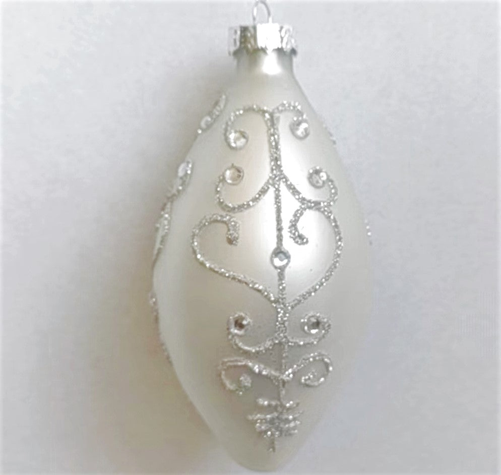 White Glass Teardrop Silver and Jewelled