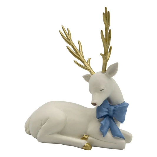 Sitting White Reindeer Blue Bow