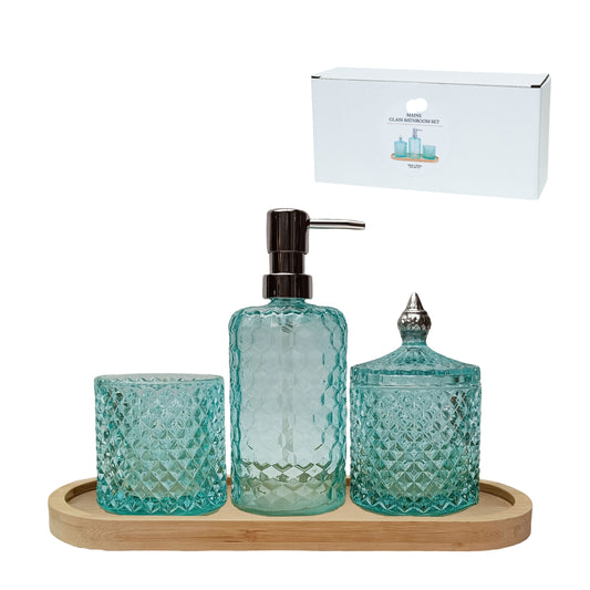 Maine Glass Bathroom Set on Tray Aqua