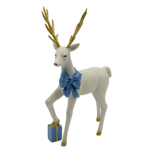 Standing White Reindeer Blue Bow