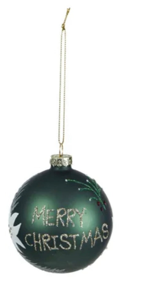 Merry Christmas 10cm Glass Bauble Green