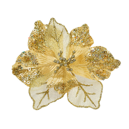 Sheer Gold Bead Poinsettia Clip on