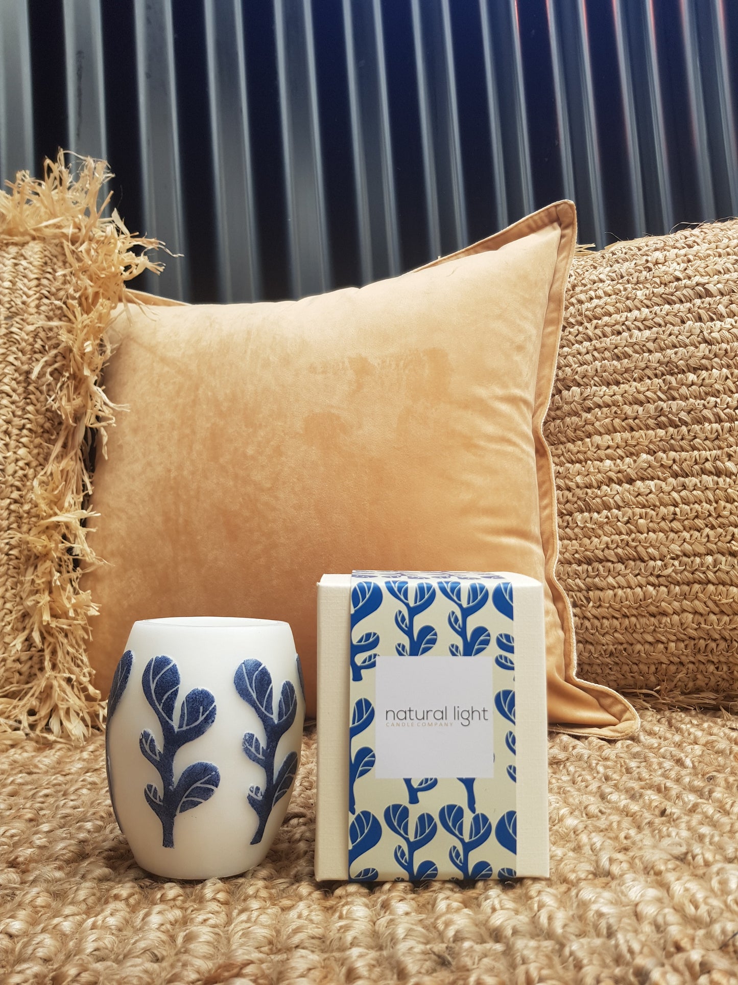 4" Matilda Hurricane White/Tattoo Blue Candle