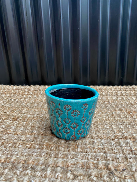Carving Teal Pot Small